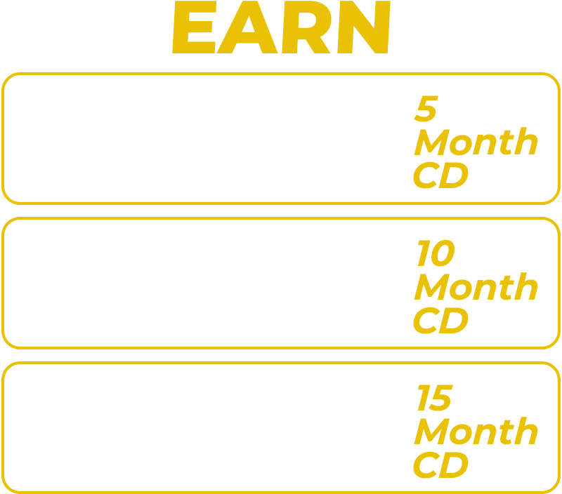 Earn 4.75 percent APY on a 5-Month CD, 4.50 percent APY on a 10-Month CD, and 4.25 percent APY on a 15-Month CD