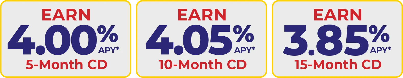 Earn 4.00 percent APY on a 5-Month CD, 4.05 percent APY on a 10-Month CD, and 3.85 percent APY on a 15-Month CD